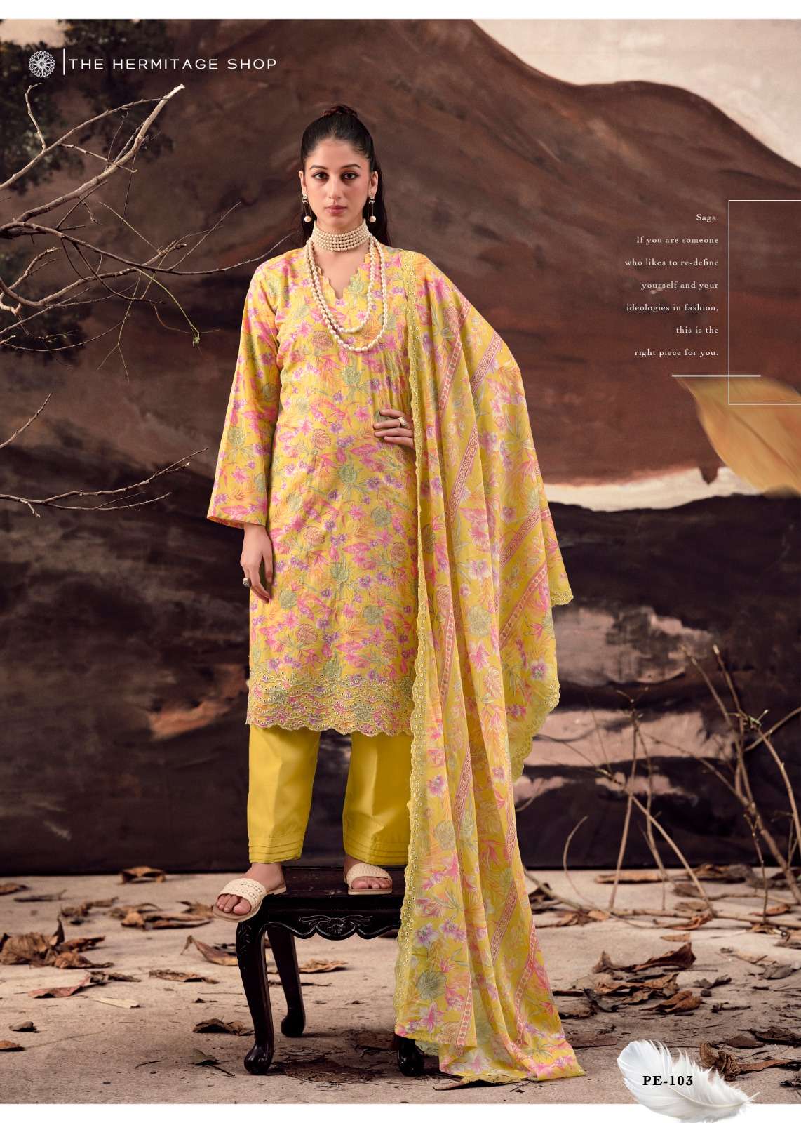 THE HERMITAGE SHOP PETALS IN MAL LAWN COTTON SCHIFFLI WORK SUIT LUXURY WEAR AND FESTIVE FASHION 